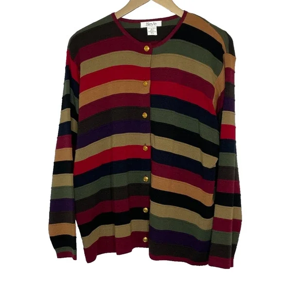 Women's Large Vtg Bleyle 100% Extrafine Merino Wool Colorful Stripe Cardigan - Picture 1 of 5